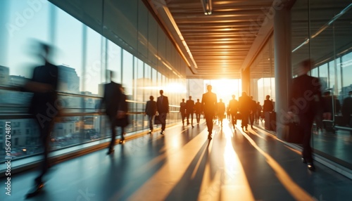 Abstract blur of business people walking quickly in modern office building with large windows and city skyline. Dynamic motion, rush hour, busy business environment.