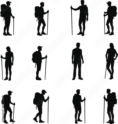 Hikers silhouettes trekking outdoors nature adventure