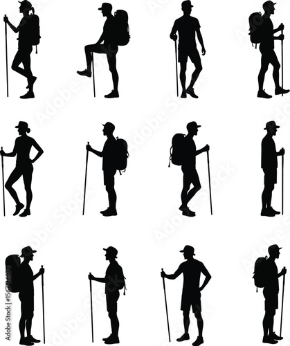 Hiking silhouettes backpackers trekking nature outdoors