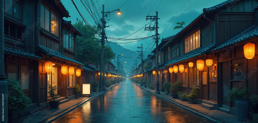 Fototapeta premium Anime-style Japanese townscape with cozy lo-fi Asian architecture. Charming town atmosphere, warm lanterns illuminate street. Tokyo anime comic art style, traditional wooden houses, calm street