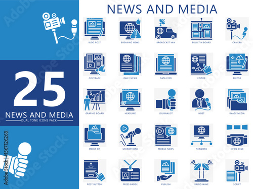 News and media dual tone icons set. contain blog, breaking news, broadcast van, host, headline, editor, camera, microphone, script and more. Vector for UI, UX kit, web and app journalism, broadcasting