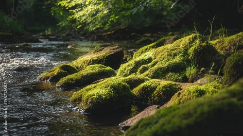 Mossy rocks near river stream scenic view of nature landscape photography background image