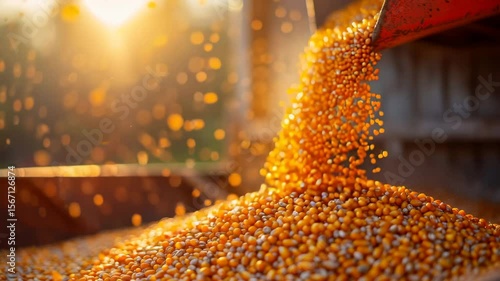 Golden corn kernels pouring from a harvest machine at sunset on a farm