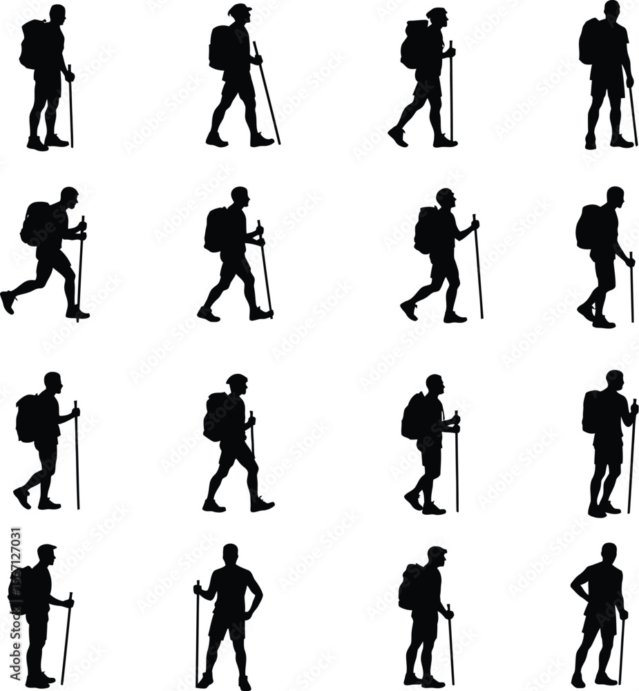 Obraz premium Twelve hiking backpacker silhouettes trekking outdoors