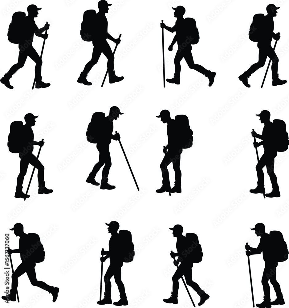 Obraz premium Hiking silhouettes backpackers trekking nature outdoors