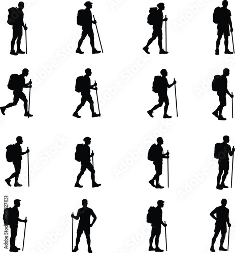 Twelve hiking backpacker silhouettes trekking outdoors