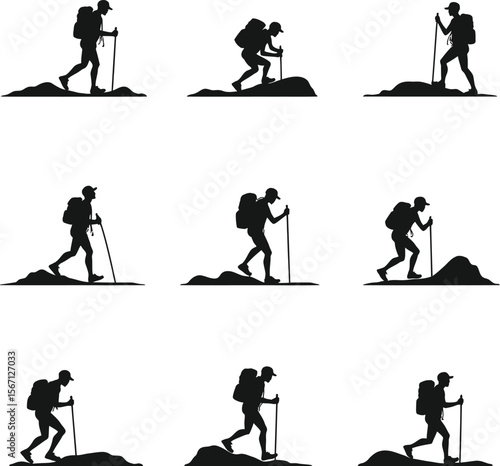 Hikers silhouette trekking mountain landscape
