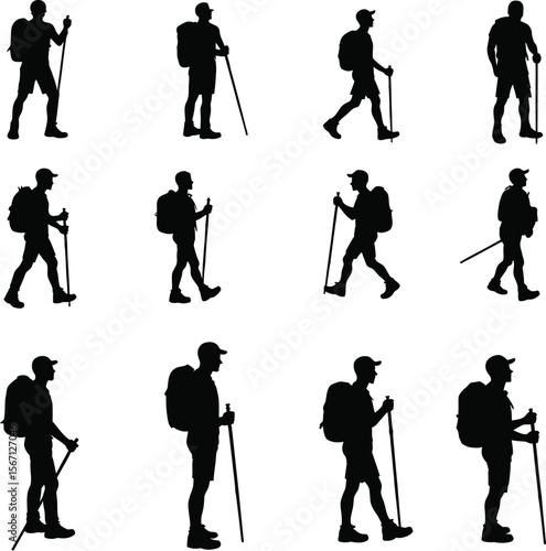 Twelve silhouettes of hikers with backpacks and trekking poles