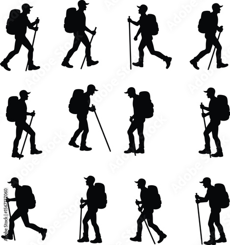 Hiking silhouettes backpackers trekking nature outdoors