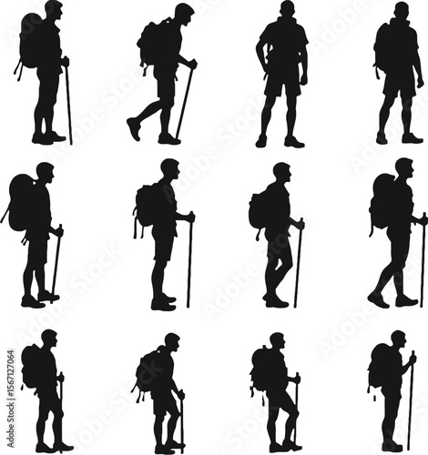 Hiking backpackers silhouettes trekking nature outdoors