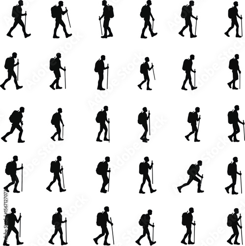 Hiking silhouettes backpackers trekking nature outdoors