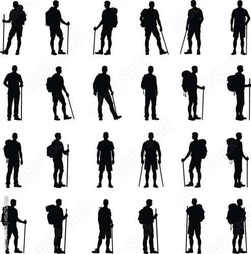 Twenty silhouettes of hikers with backpacks and trekking poles