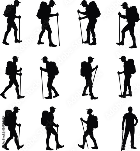 Hiking silhouettes backpackers trekking nature outdoors