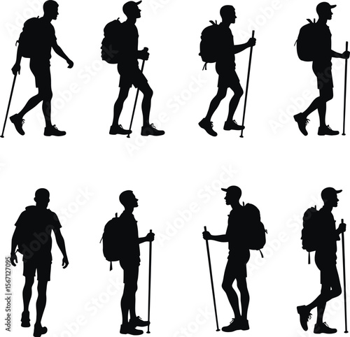 Hiking silhouettes men backpacks trekking poles outdoors
