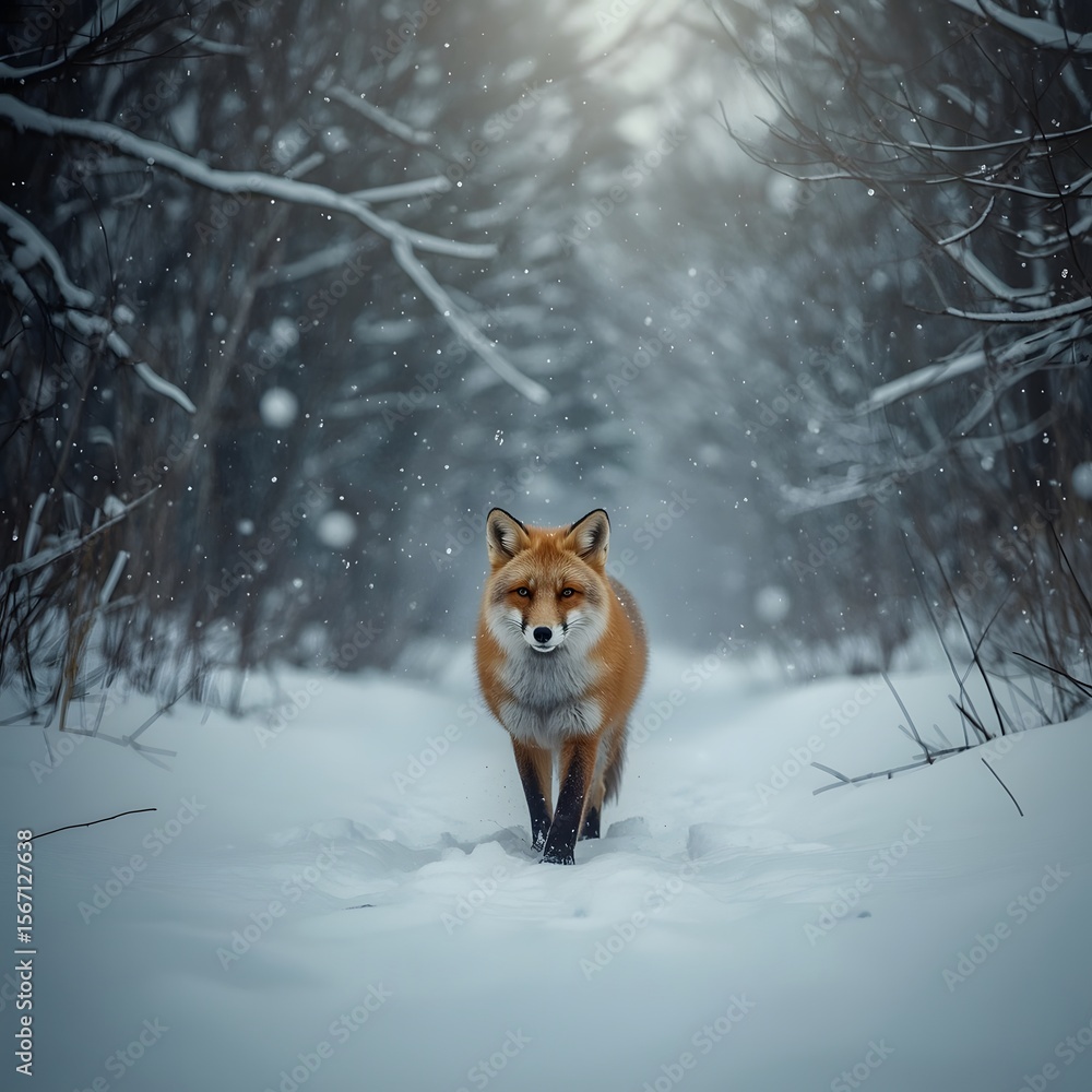 A red fox walks through a snowy forest as gentle snowflakes fall, surrounded by snow-dusted trees, evoking tranquility, wild beauty, and the serene calm of winter nature. A red fox walks through a snowy forest as gentle snowflakes fall, surrounded by snow-dusted trees, evoking tranquility, wild beauty, and the serene calm of winter nature.
