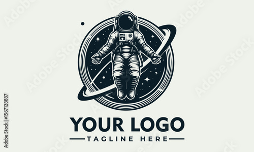 Astronaut floating in space with planet and rings, logo design.