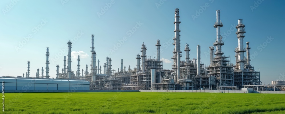Obraz premium Oil refinery, chemical plant. Industrial area with buildings, tanks, chimneys, pipes under blue sky. Concept business, finance, energy. Technology, infrastructure, construction, manufacturing.