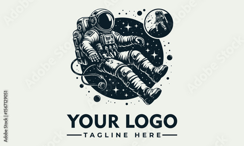 Astronaut floating in space, vintage style logo design.