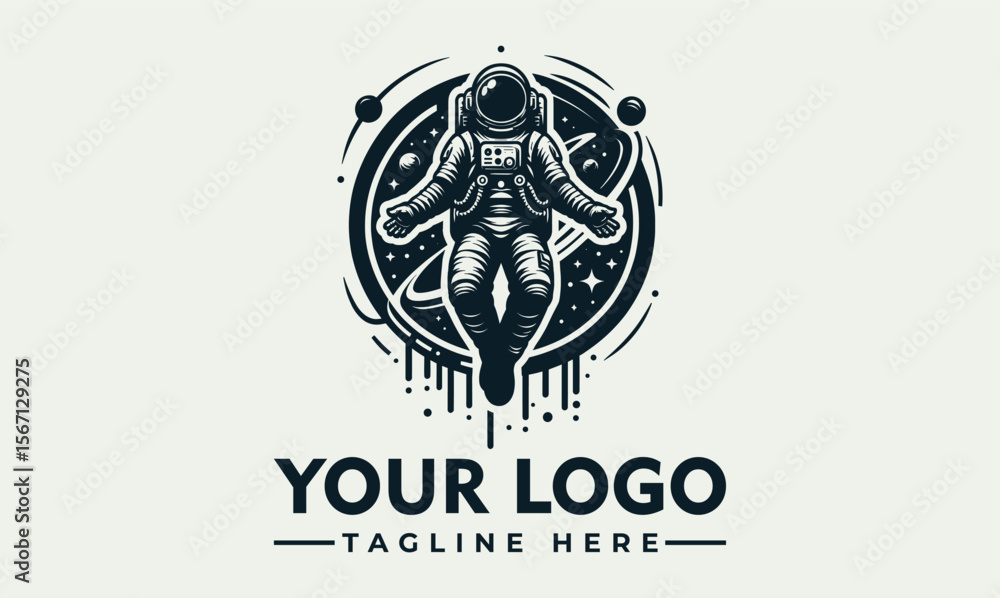Fototapeta premium Illustration of an astronaut floating in space, surrounded by stars and cosmic elements, with space for a logo and tagline.