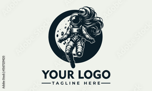 Astronaut floating in space, hair flowing, moon backdrop, logo design.