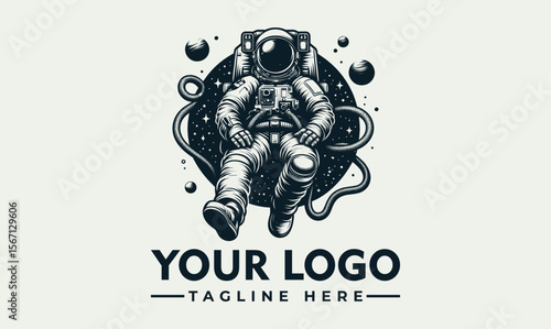 Illustration of an astronaut floating in space, surrounded by stars and cosmic elements, with space for a logo and tagline.