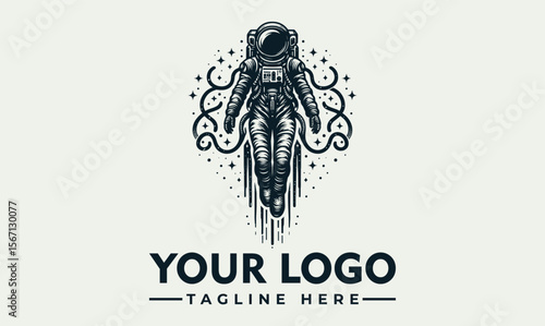 Vintage-style logo featuring a space suit astronaut soaring amidst cosmic elements.