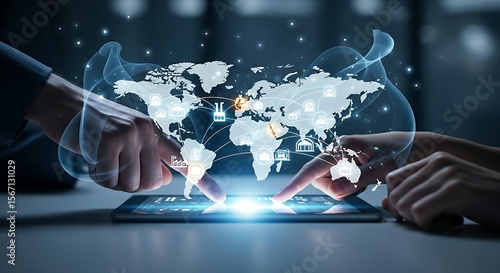 Supply chain management concept. Businessman views a holographic world map with logistics routes, symbolizing global trade, distribution, and SCM.