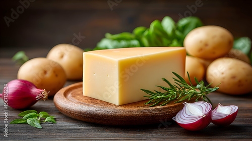 Raclette cheese served with small potatoes and pickled onions, blurred wooden table setting