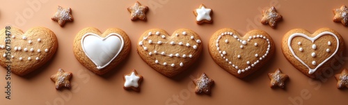 Several heart shaped cookies with white icing and stars on a brown surface food background