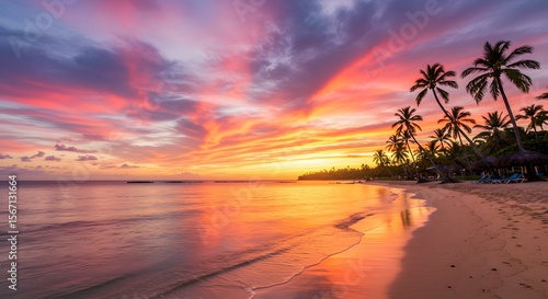 Tropical Sunset: A breathtaking view of a tropical paradise, with a vibrant sunset casting a warm glow over the ocean. This stunning scene captures the beauty and tranquility of a coastal retreat.