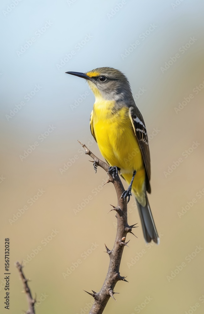 Naklejka premium Yellow-bellied Flycatcher bird perched on tree branch. Songbird wildlife in nature. Feathered animal sitting on thorny branch with clear blurred background. Fauna, spring, aviary, ornithology.