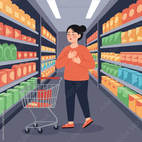 Woman experiencing chest pain in grocery store aisle with shopping cart vector illustration 