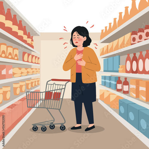 Woman Experiencing Chest Pain Shopping in Supermarket Aisle with Cart and Products 