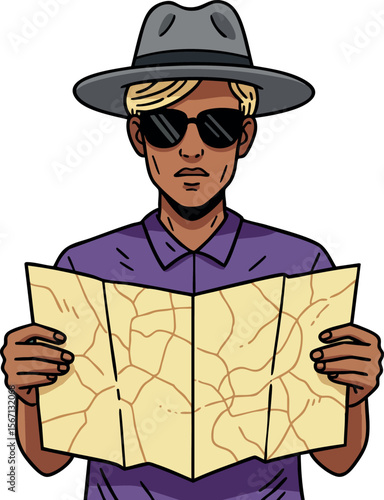 Man with hat and sunglasses holding map exploring new places vector illustration 