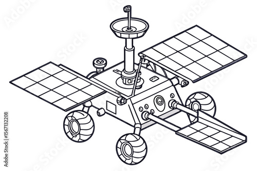 Detailed Line Art Depiction of a Mars Rover with Intricate Solar Panel and Antenna Design Showing Technological Exploration