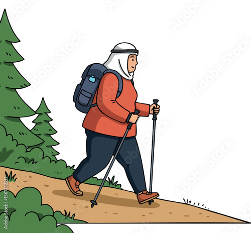 Elderly man hiking with backpack and walking sticks on forest trail vector illustration 