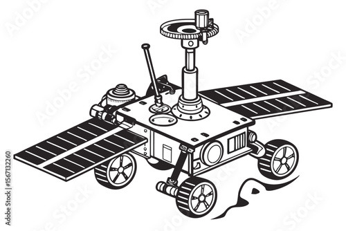 Detailed Illustration of a Mars Rover Concept Exploring the Surface, Equipped with Solar Panels and Scientific Instrumentation for Exploration