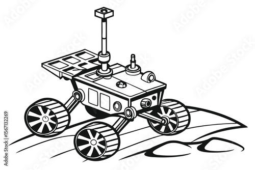 Detailed Line Art Depiction of a Mars Rover Exploring a Barren Landscape, a Bold Exploration of Space