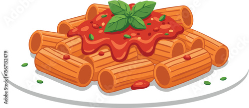 Rigatoni pasta with tomato sauce and basil garnish on white plate vector illustration 