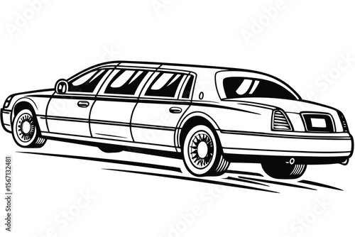 Striking Black and White Illustration of a Sleek Limousine Showcasing its Luxurious Design and Elongated Body with Impeccable Detailing