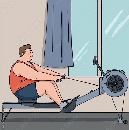 Man Exercising on Rowing Machine in Home Gym Wearing Red Tank Top and Blue Shorts 