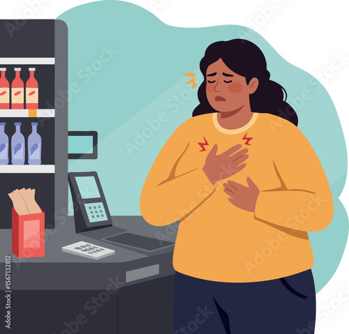 Woman Experiencing Chest Pain at Checkout Counter Vector Illustration 