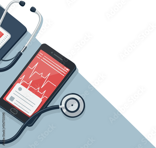 Medical stethoscope and smartphone with heart rate monitor health technology vector illustration 