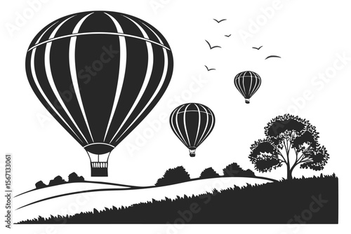 A Whimsical Journey Hot Air Balloons Over Rolling Hills with Majestic Trees and Birds Flying in the Sky