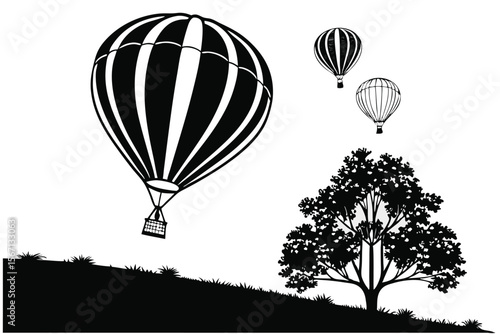 Hot Air Balloons Ascending Over a Silhouette Landscape with Tree and Grassy Hill, Peaceful Black and White