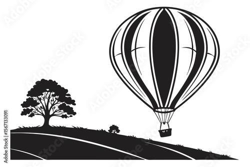 Monochromatic Landscape with Hot Air Balloon Ascending Above Rolling Hills and a Solitary Tree Creating a Serene and Peaceful Scene