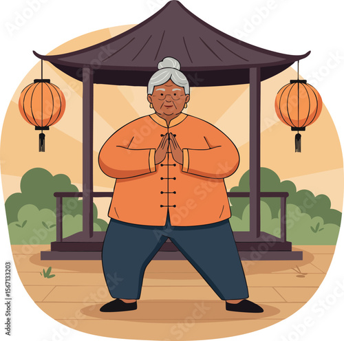 Elderly woman practicing tai chi in traditional pavilion with orange lanterns and autumn colors vector illustration 