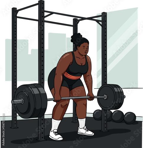 Woman lifting heavy barbell in gym fitness training strength exercise vector illustration 