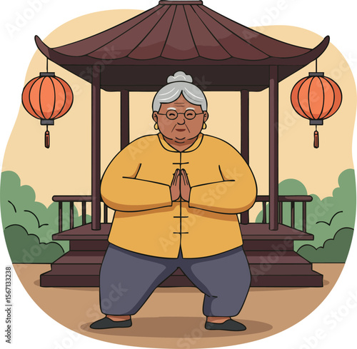 Elderly Asian Woman Practicing Tai Chi in Traditional Pavilion with Lanterns Vector Illustration 