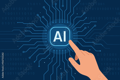 Artificial intelligence and big data concept. Human hand touching AI button on a digital circuit board background. Machine learning, futuristic technology, and IoT vector illustration.